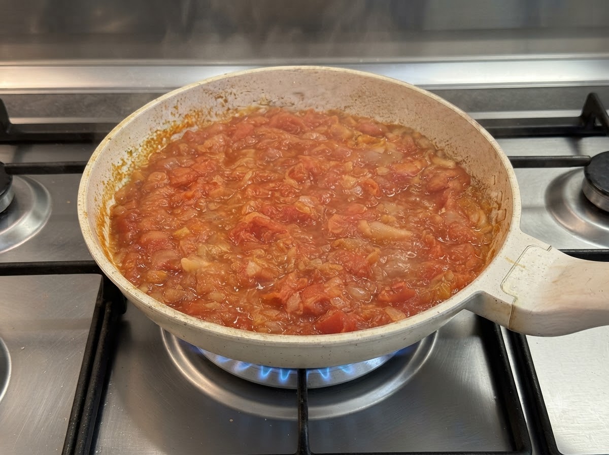 팬에서 끓고 있는 토마토 소스 속으로 크림치즈가 녹아드는 모습.