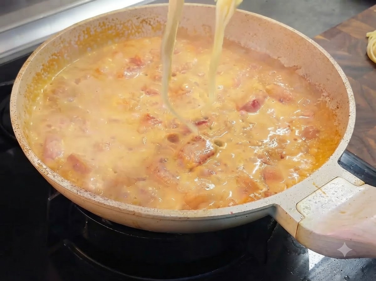 집게로 삶은 파스타면을 들어 올려 크리미한 토마토 소스 팬으로 옮기는 모습.