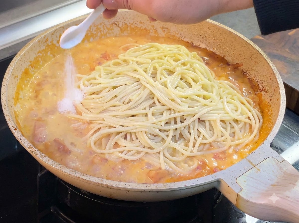 팬 안의 크리미한 토마토 소스 속 스파게티면 위에 숟가락으로 소금을 뿌리는 모습.