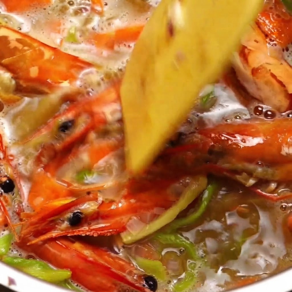 보글보글 끓는 냄비에 캔에 든 홀토마토와 물을 넣고 섞는 모습.