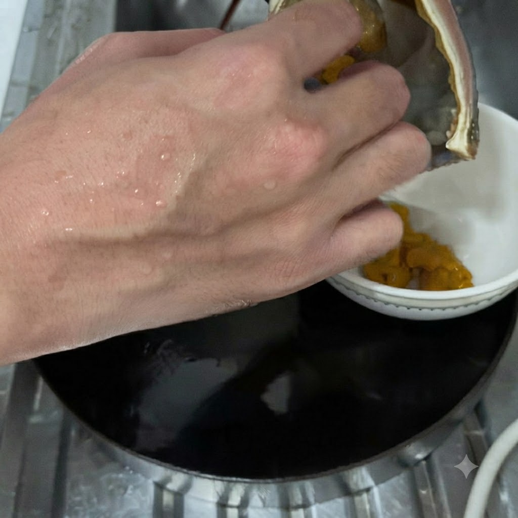 랍스터 머리 안쪽에서 노란색 랍스터 내장을 작은 하얀색 그릇으로 퍼내는 손.