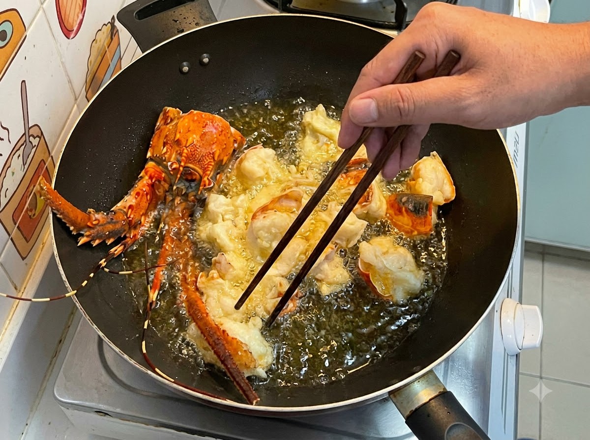 웍 안의 뜨겁고 거품이 이는 기름 속에서 전분이 묻은 랍스터 조각과 껍질이 튀겨지는 모습.