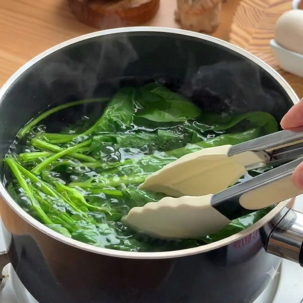 끓는 물에서 건져낸 초록색 시금치 잎을 얼음물 목욕에 담그는 모습.