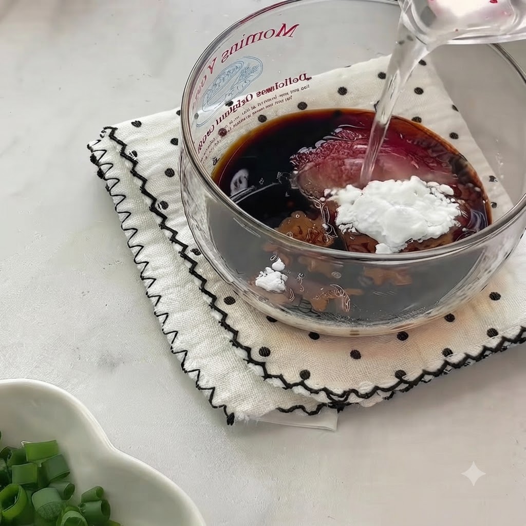 간장, 양념, 전분이 섞인 유리볼에 물을 붓는 모습.