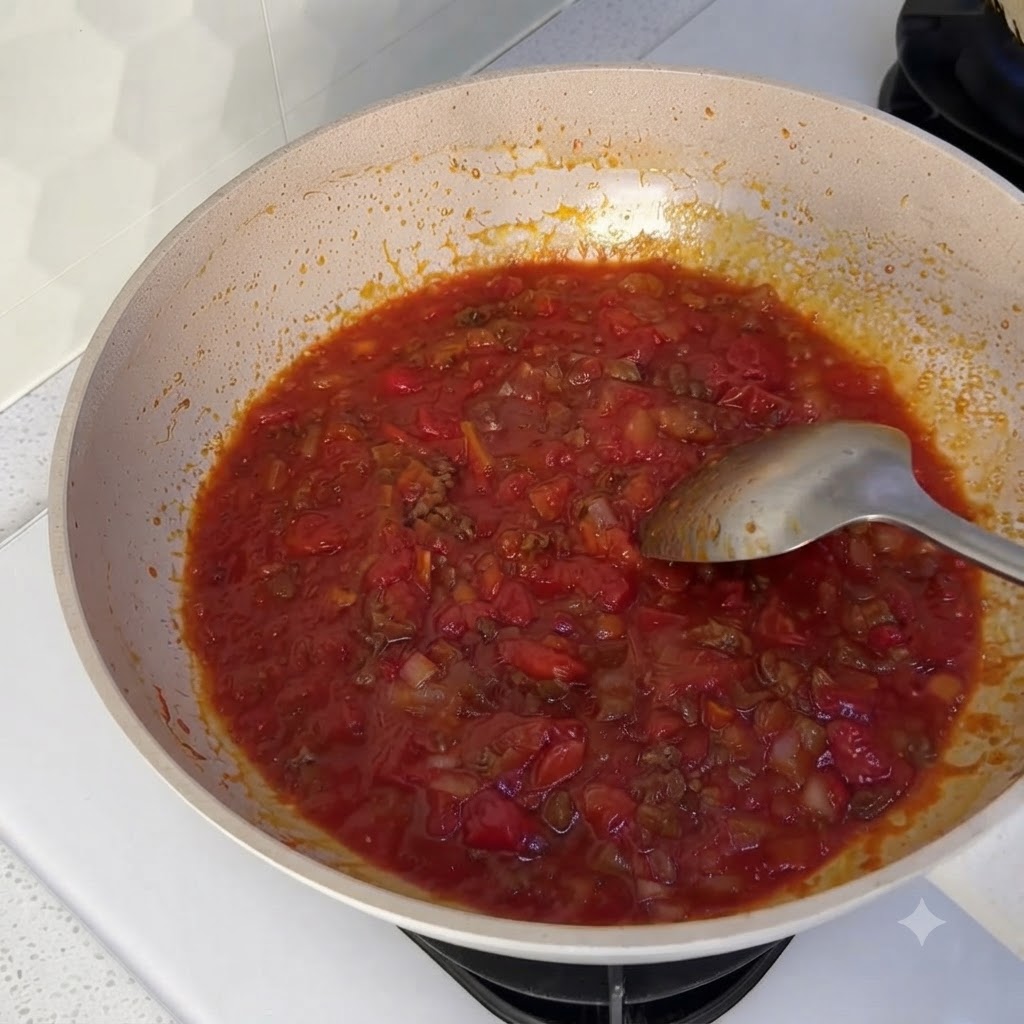 웍 안에서 끓고 있는 붉은 토마토 소스의 클로즈업 뷰.
