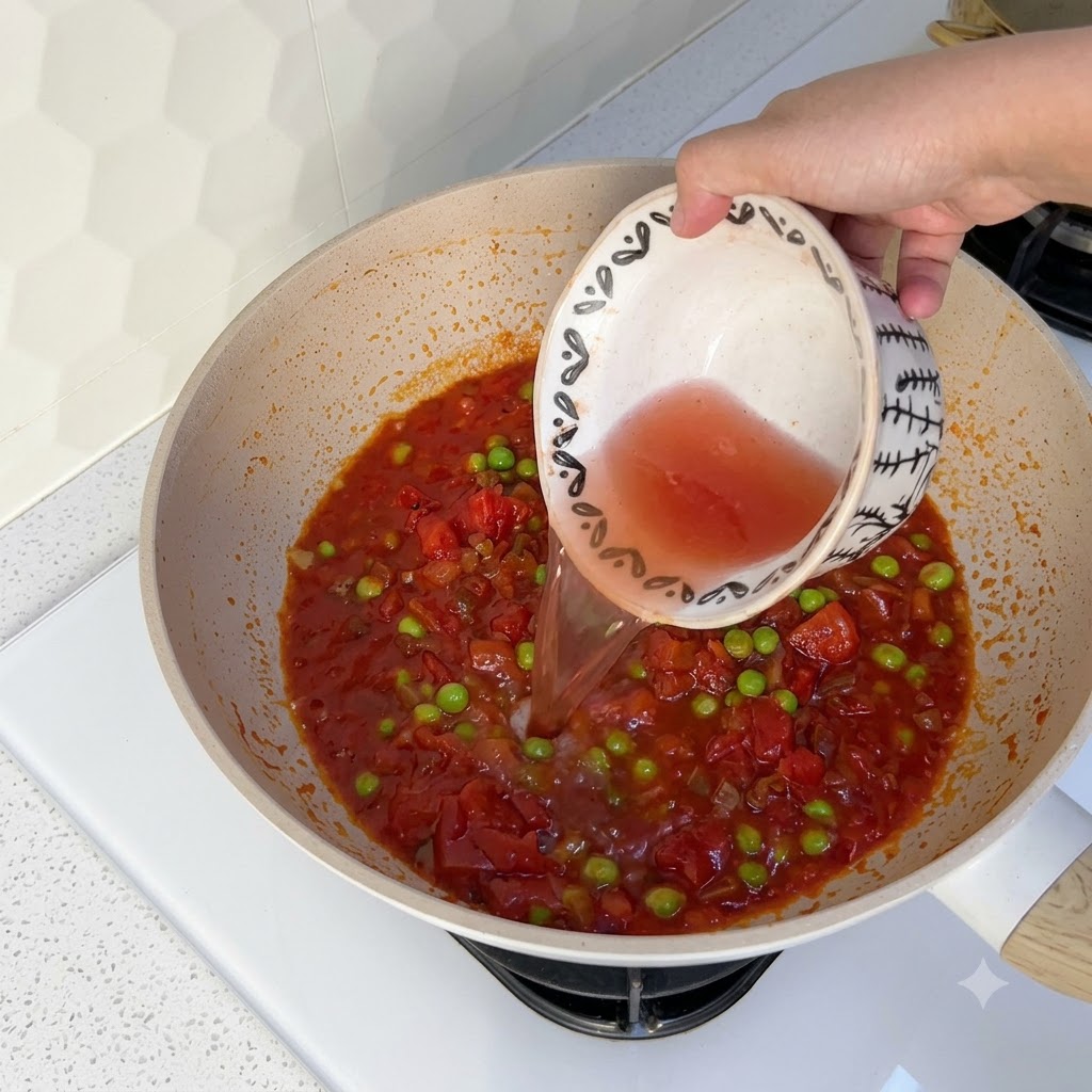 토마토 소스와 완두콩이 담긴 웍에 작은 그릇으로 물을 붓는 모습.