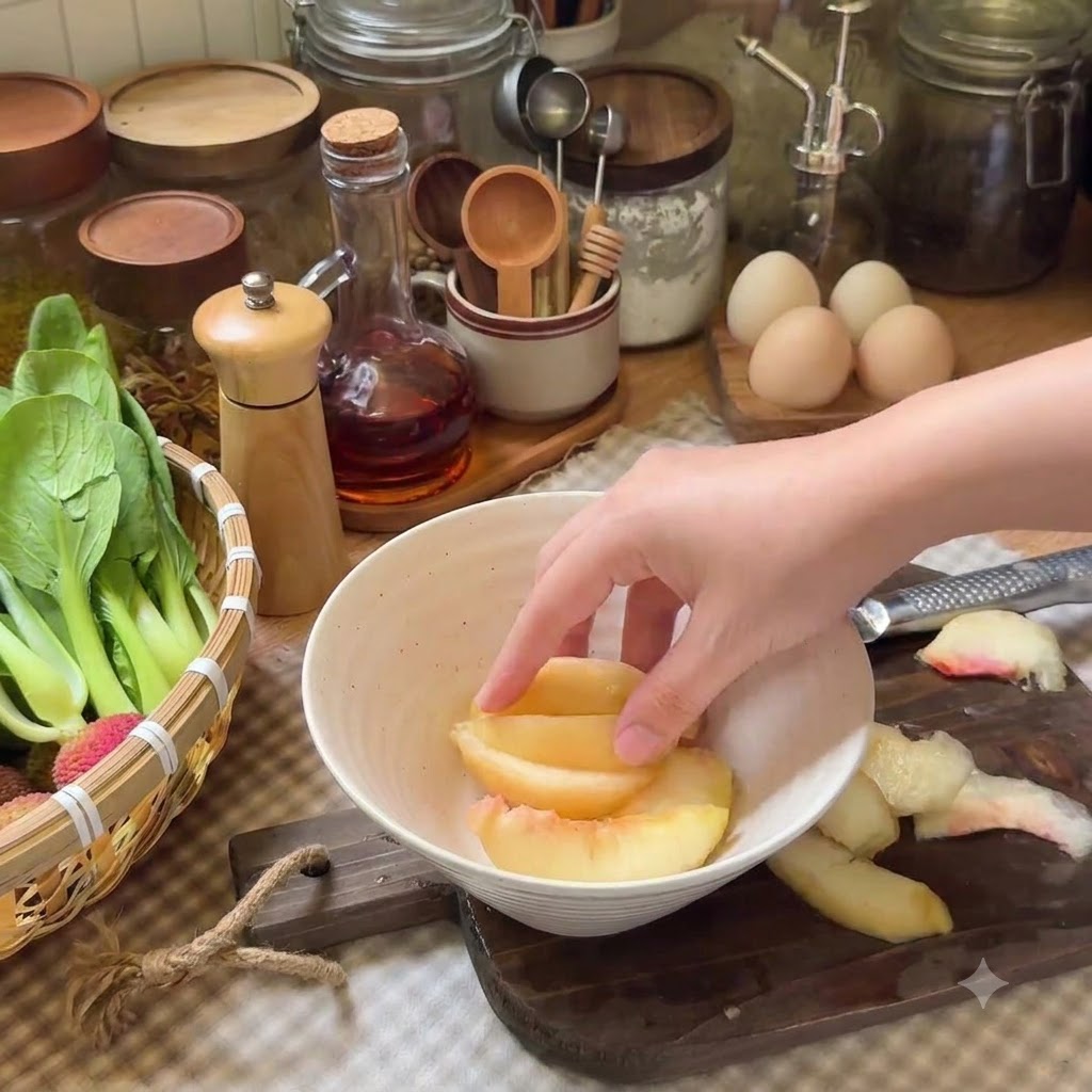 하얀 그릇에 담긴 복숭아 조각에 홍차 파우더, 레몬즙, 메이플 시럽을 섞고 있는 모습.
