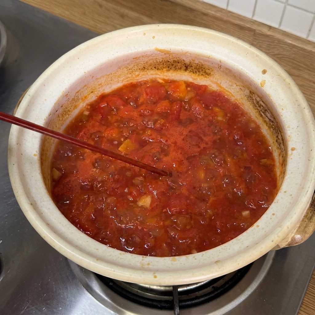 끓어오르는 토마토 베이스에 각종 소스와 조미료를 넣고 저어주는 모습.