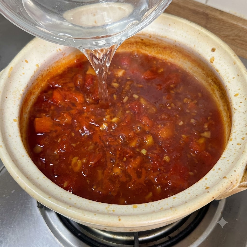 세라믹 냄비 속 진한 토마토 육수 안에서 생면이 끓고 있는 모습.