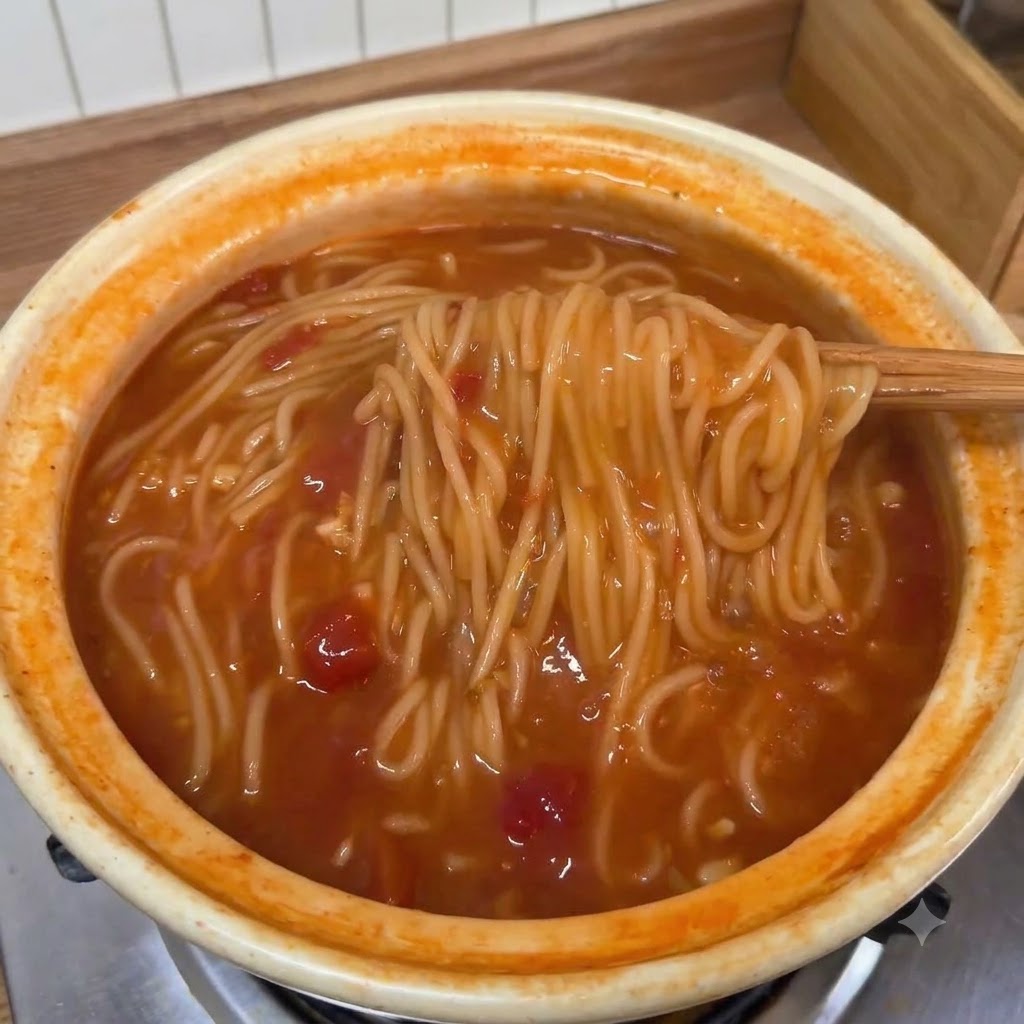 재료가 가득 찬 진한 토마토 수프 냄비 속 익은 면을 젓가락으로 건져 올리는 모습.