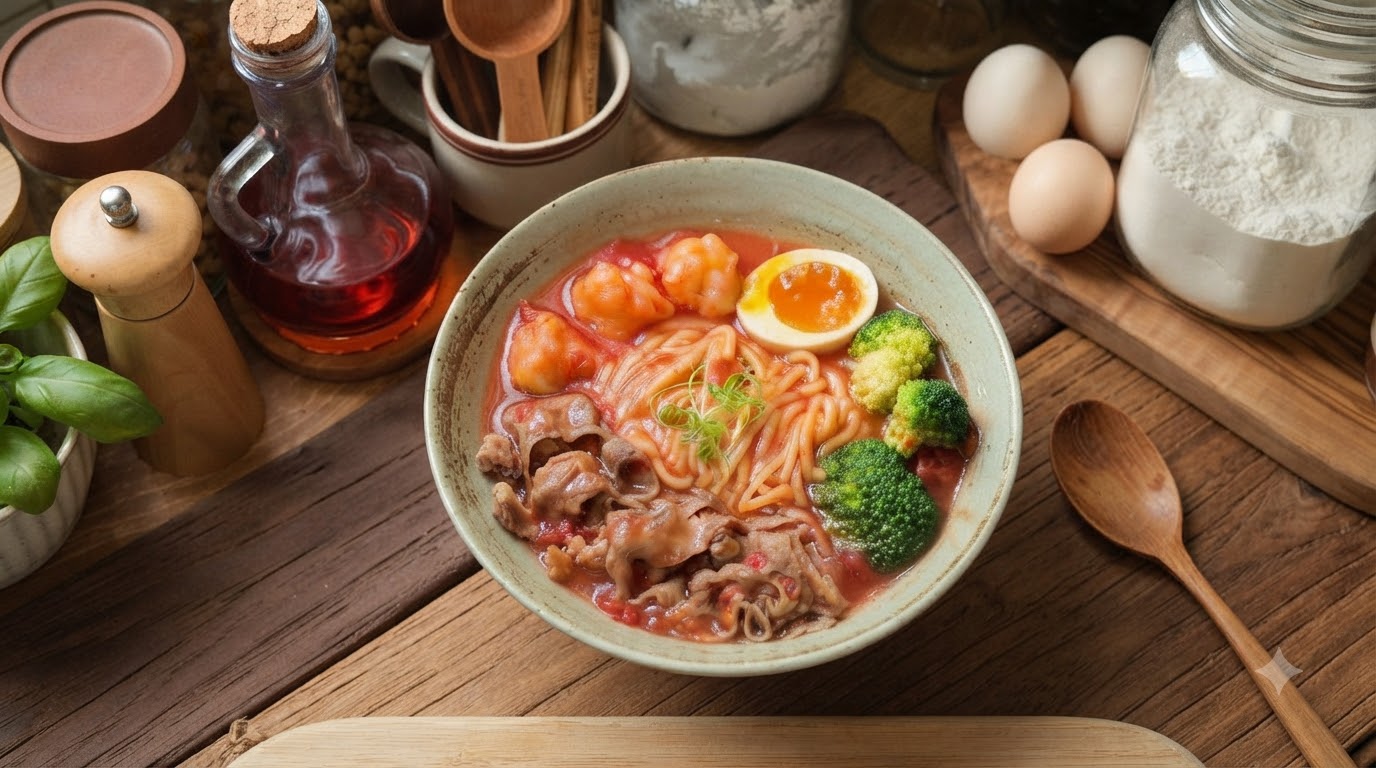 토마토 우삼겹 걸쭉한 칼국수와 홍차에 우리 낸 복숭아