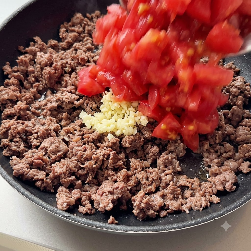 볶은 소고기가 있는 팬에 다진 마늘과 깍둑썰기한 토마토를 추가하는 모습.