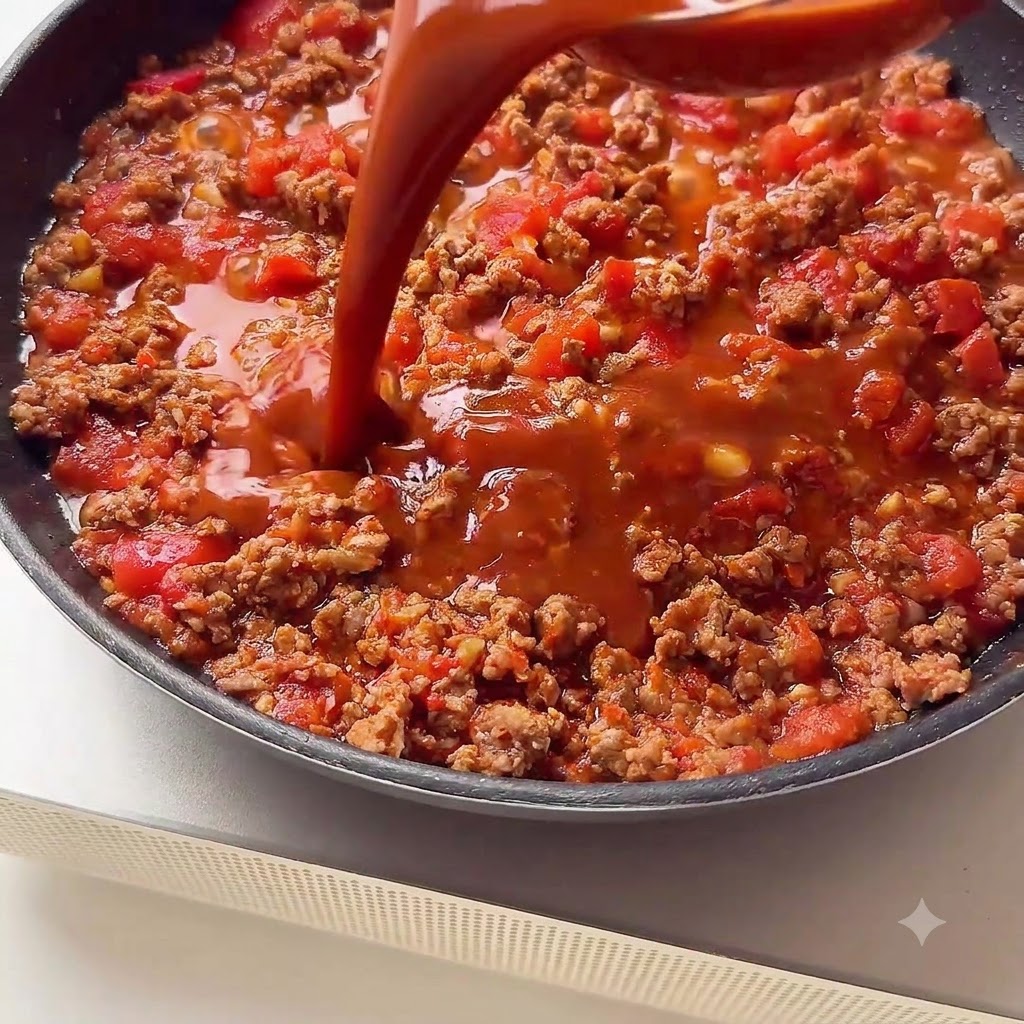 조리된 소고기와 토마토가 담긴 팬에 붉은 갈색빛의 진한 소스를 붓는 모습.
