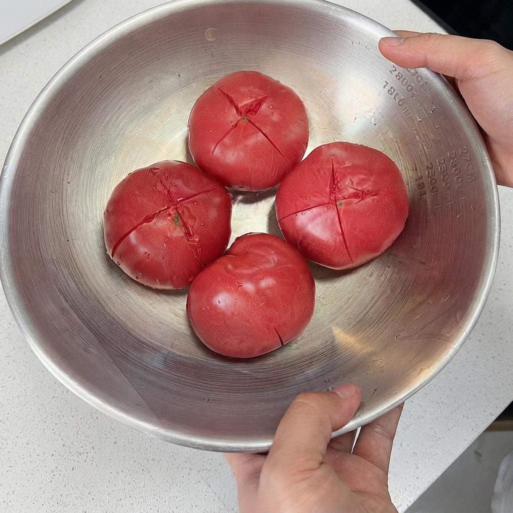 큰 금속 볼에 담긴 신선한 토마토 4개의 꼭지 부분에 십자 모양의 칼집이 선명하게 나 있는 모습.