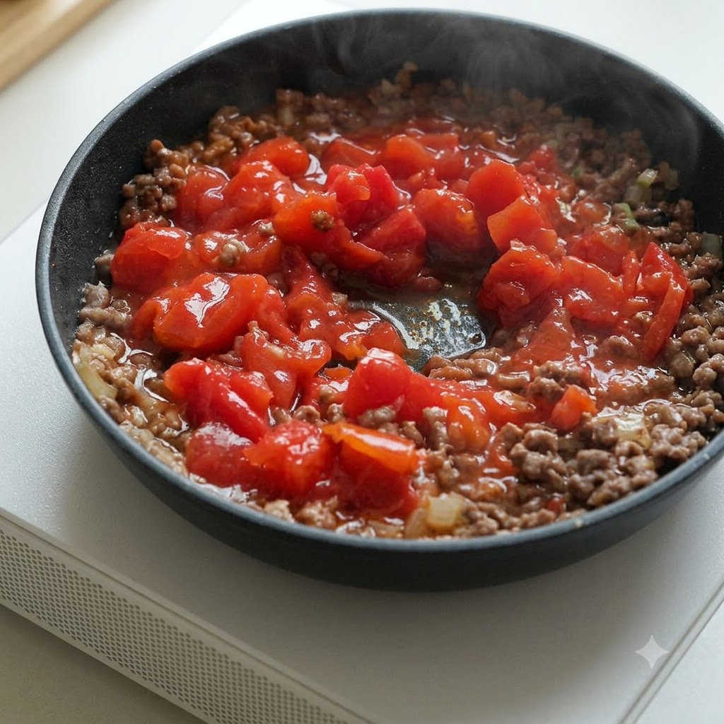 볶은 다진 소고기에 통조림 토마토 다이스를 넣고 섞는 모습.
