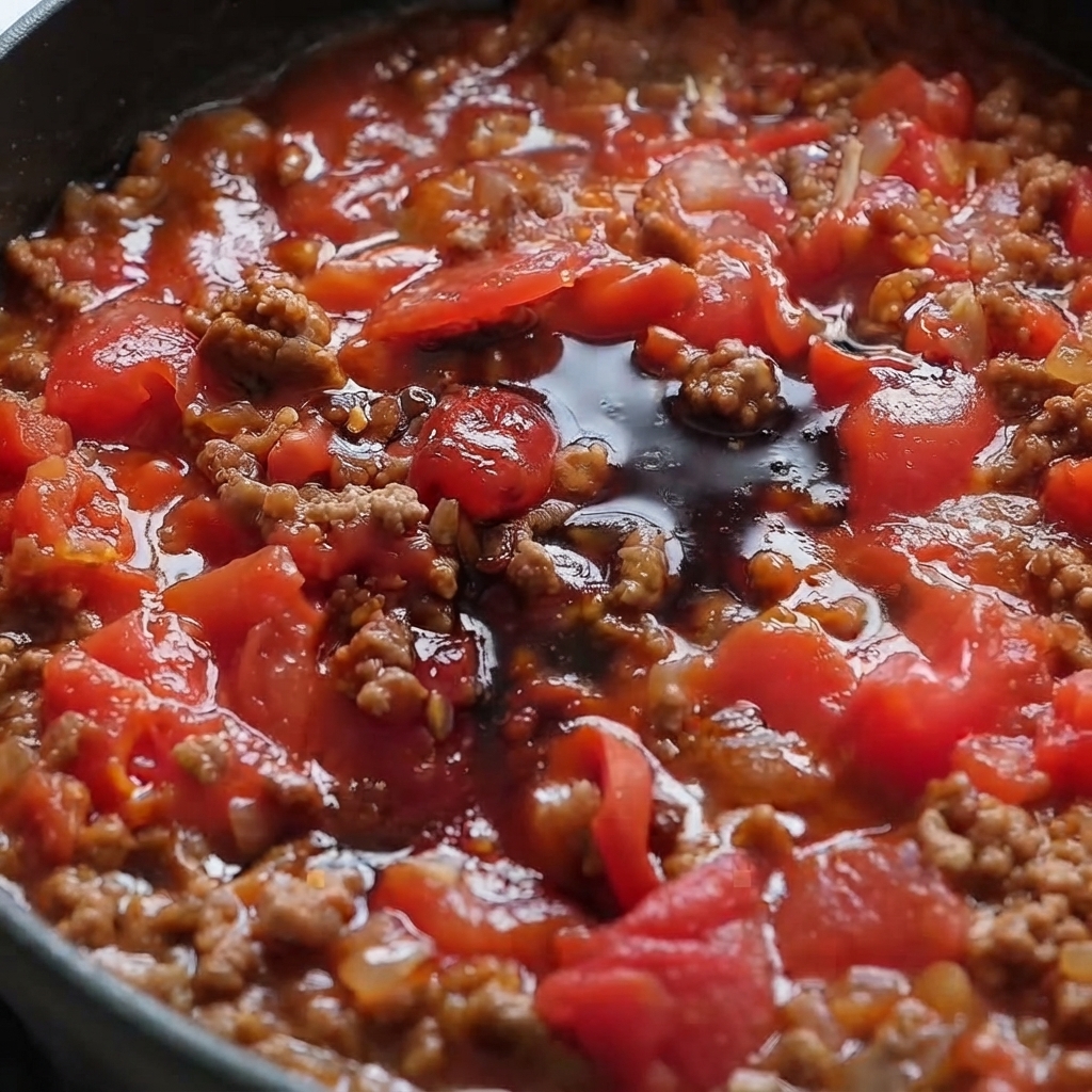 토마토 고기 소스 가운데 간장과 굴소스가 떨어진 모습.