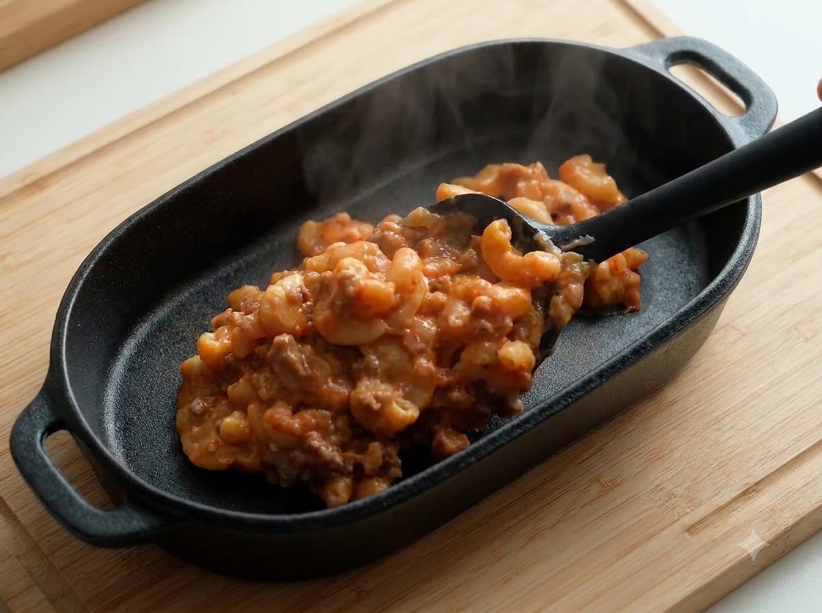 도마 위의 검은색 타원형 베이킹 용기에 크림 소스 파스타를 덜어 담는 모습.