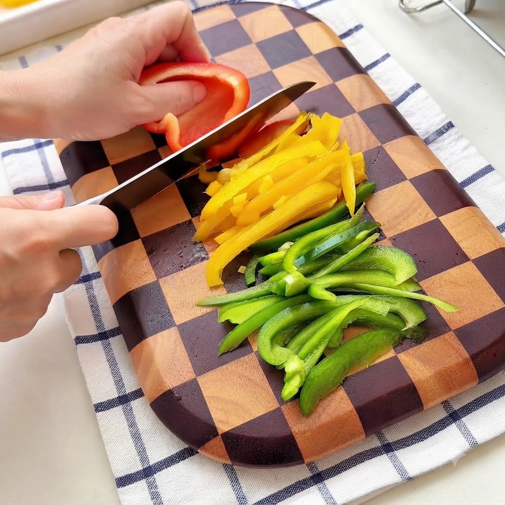 체크무늬 나무 도마 위에서 알록달록한 피망을 얇게 채 써는 모습.