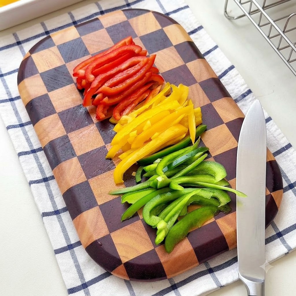 칼과 함께 나무 도마 위에 가지런히 놓인 얇게 썬 소시지.