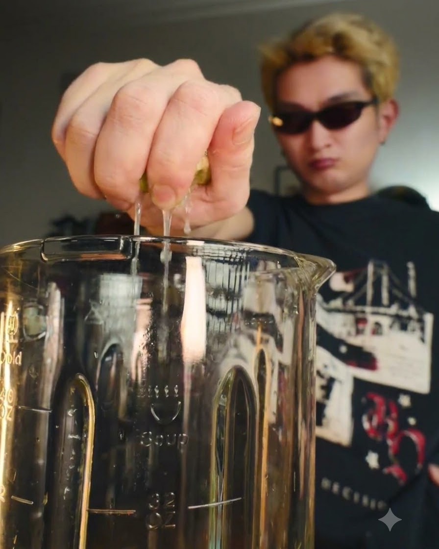 신선한 라임 절반을 손으로 짜내며 블렌더 용기로 주스 방울이 떨어지는 모습.