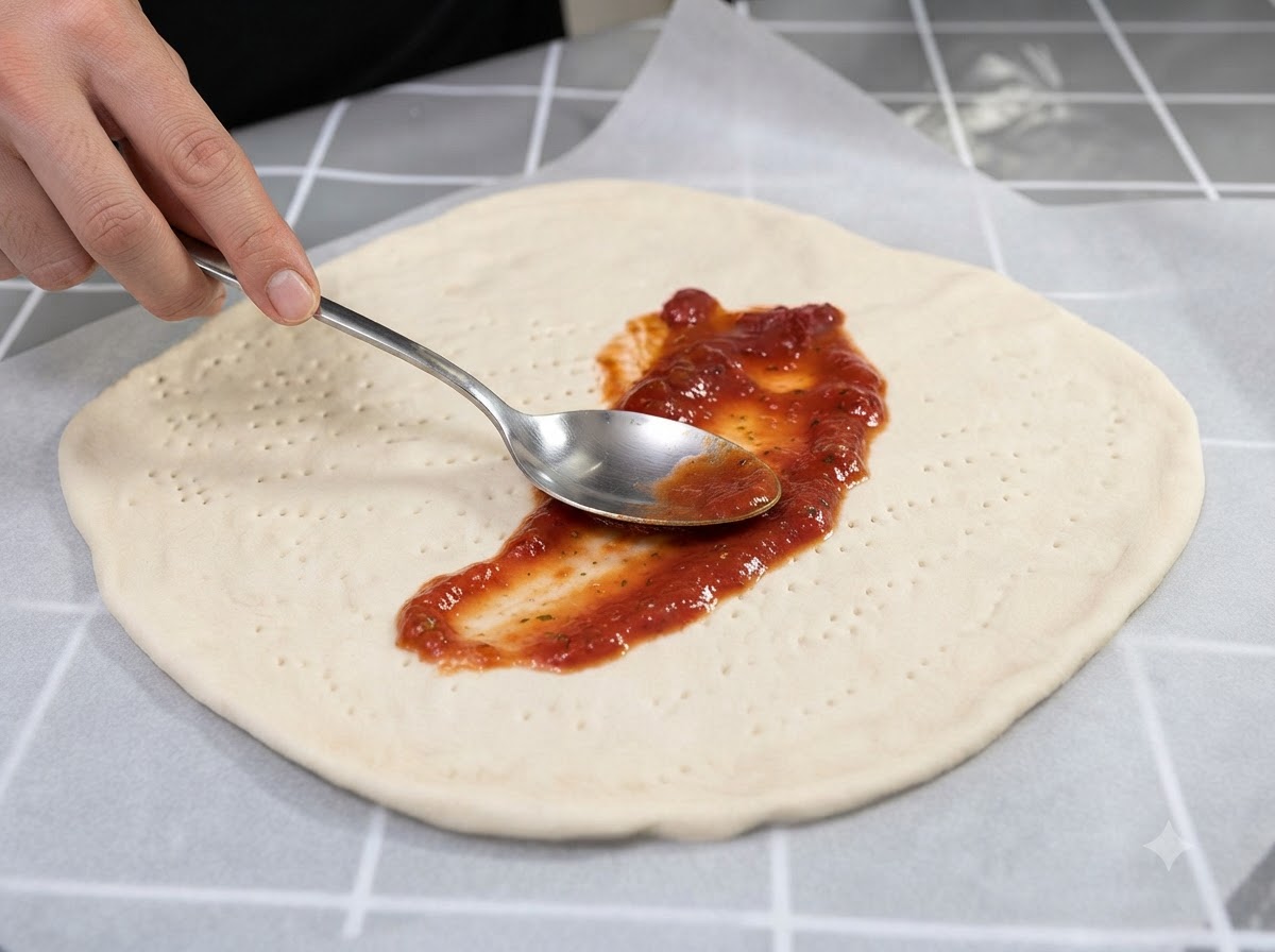 금속 숟가락을 이용해 옅은 피자 도우 베이스 중앙에 붉은색 토마토소스를 얹어 펴 바르는 모습
