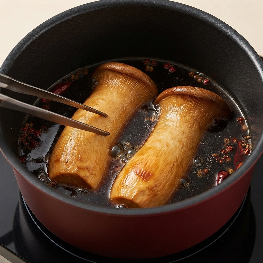 진한 조림 소스와 향신료가 담긴 냄비 안에 통새송이버섯 두 개가 놓여 있는 모습