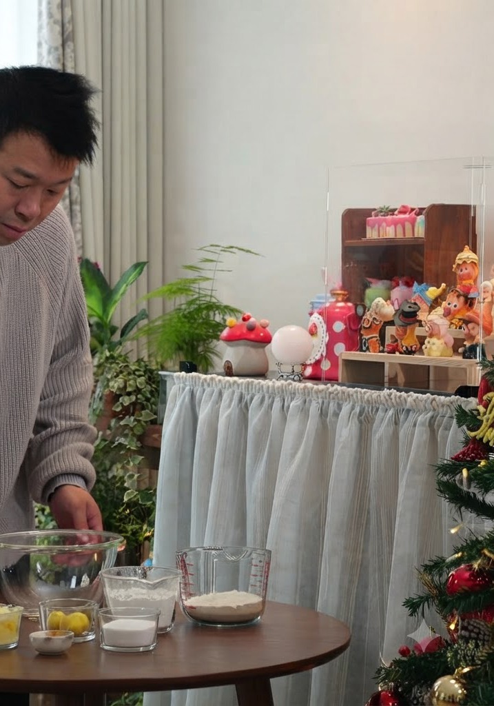 나무 테이블 위에서 부드러워진 버터 볼에 슈가파우더를 넣는 사람.