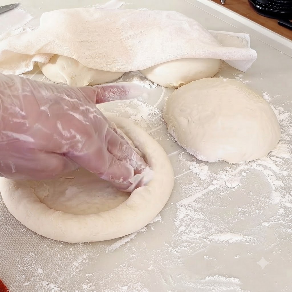 장갑을 낀 손으로 밀가루가 뿌려진 표면 위의 둥근 반죽 중앙을 누르는 모습.