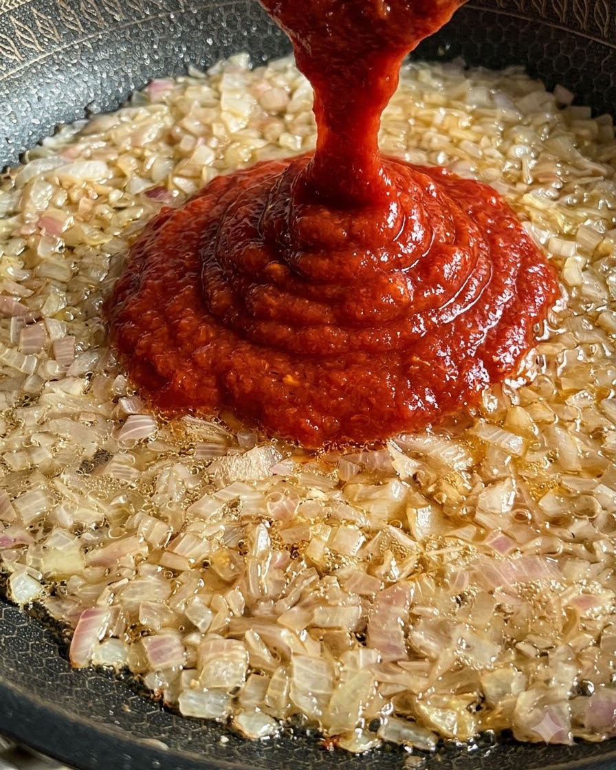 용기에 담긴 걸쭉하고 붉은 토마토소스가 양파가 볶아지고 있는 뜨거운 팬으로 부어지는 모습.