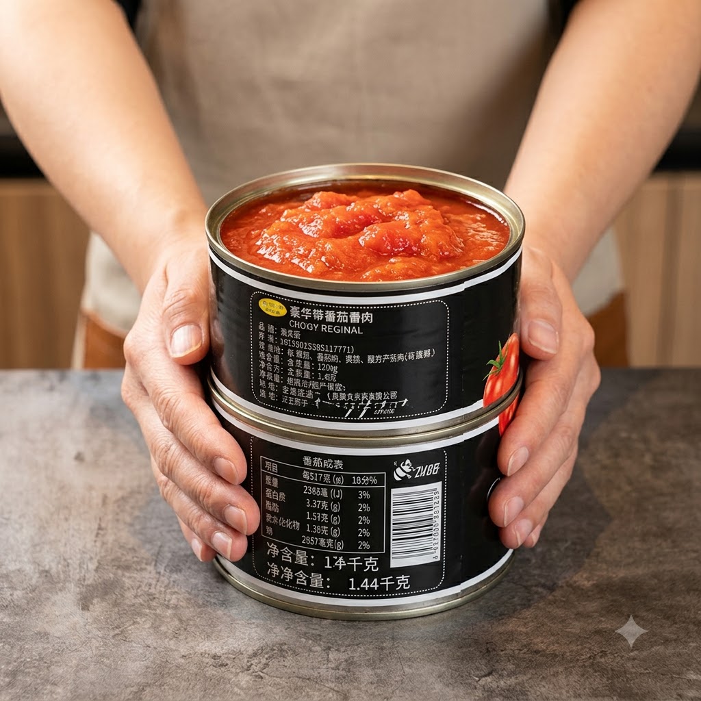 누군가의 손에 들려 있는 껍질을 벗긴 통조림 토마토 금속 캔 두 개.