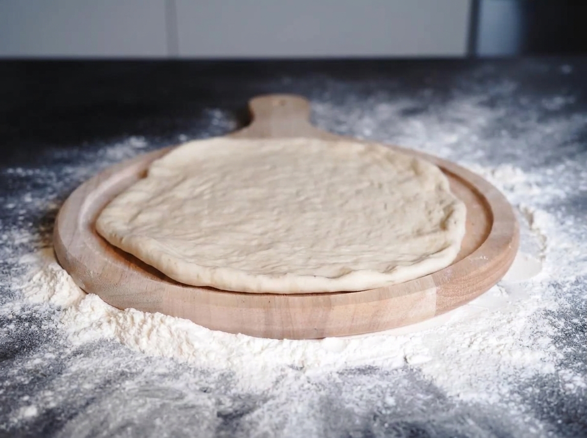 둥글고 납작한 피자 반죽 위에 붉은색 토마토 소스가 원형으로 고르게 펴 발라지고 있는 모습.