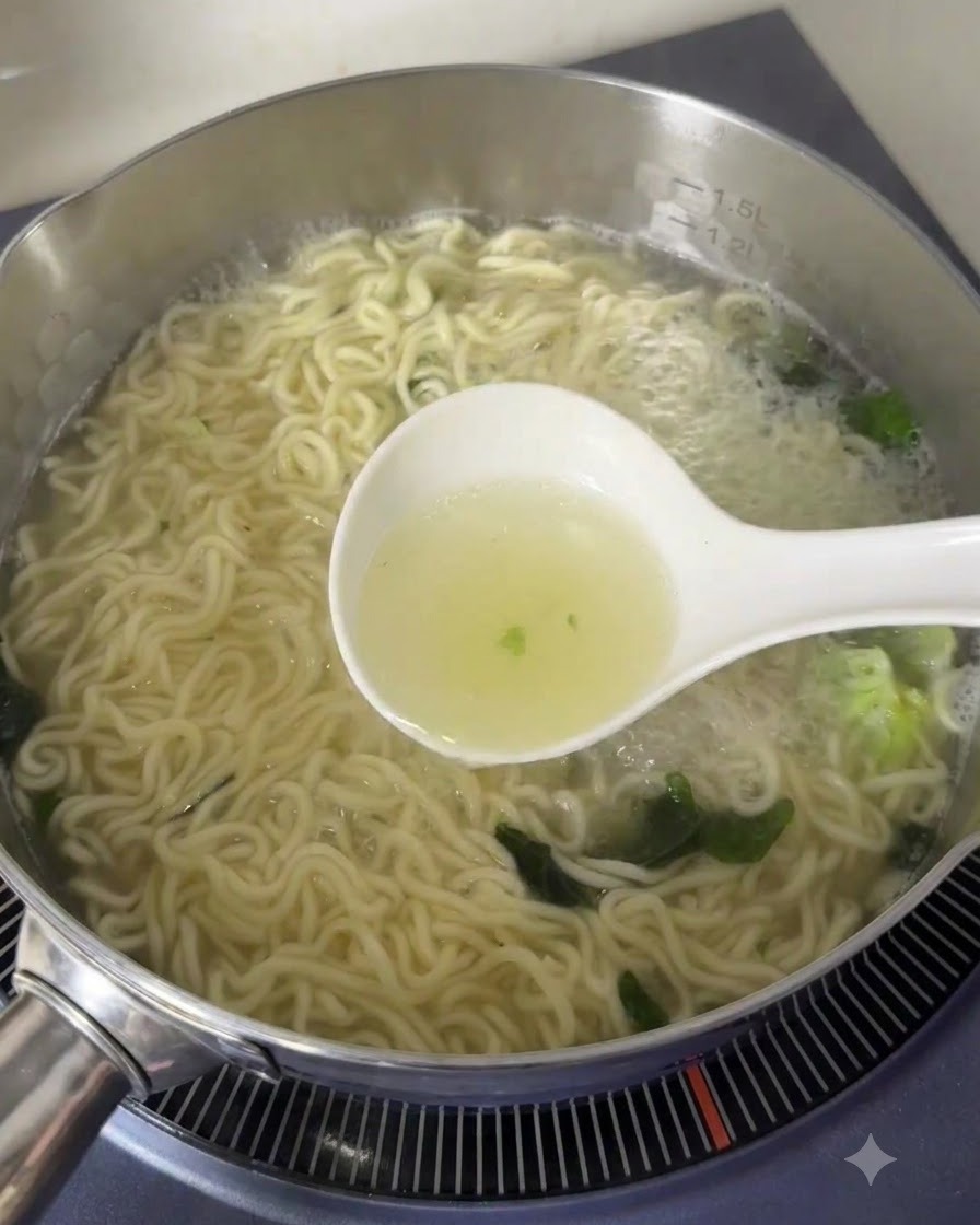 끓는 면 냄비에서 뜨거운 국물을 국자로 퍼 올리는 모습입니다.