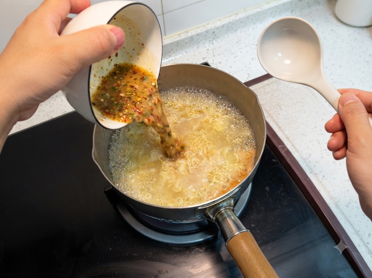스토브 위 끓는 면이 담긴 냄비에 액체 스프 혼합물을 붓고 있는 볼.