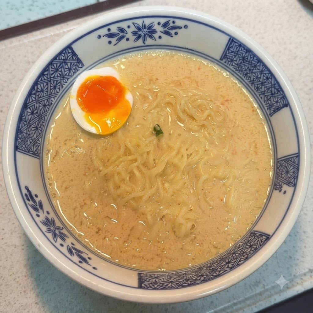 반숙란 반쪽이 안에 놓여 있는 라면 그릇.