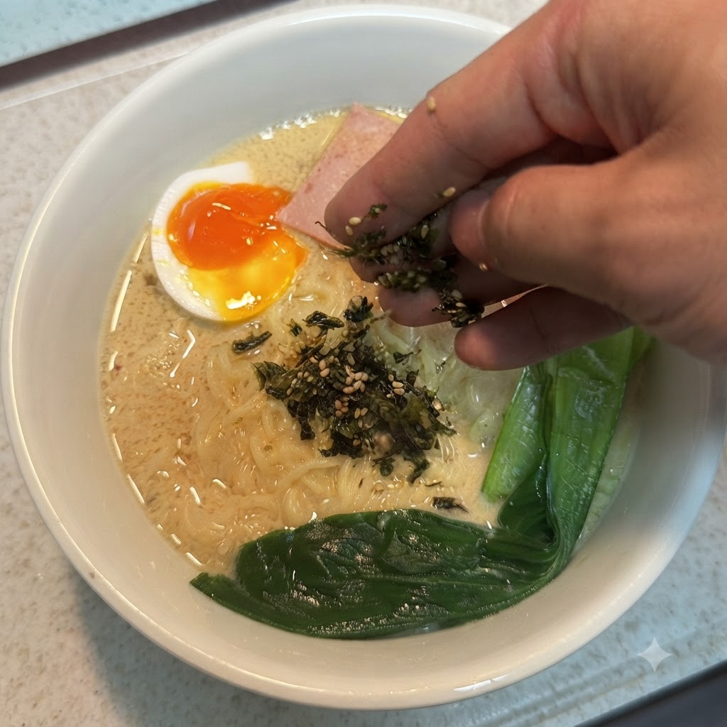 라면 그릇 위에 김 가루와 참깨를 손으로 뿌리는 모습.