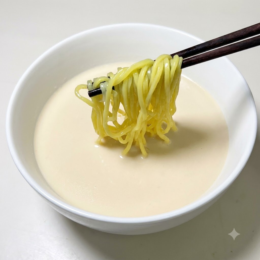크리미한 흰색 수프 베이스가 담긴 그릇 위로 젓가락이 황금빛 라멘 면을 들고 있는 모습.