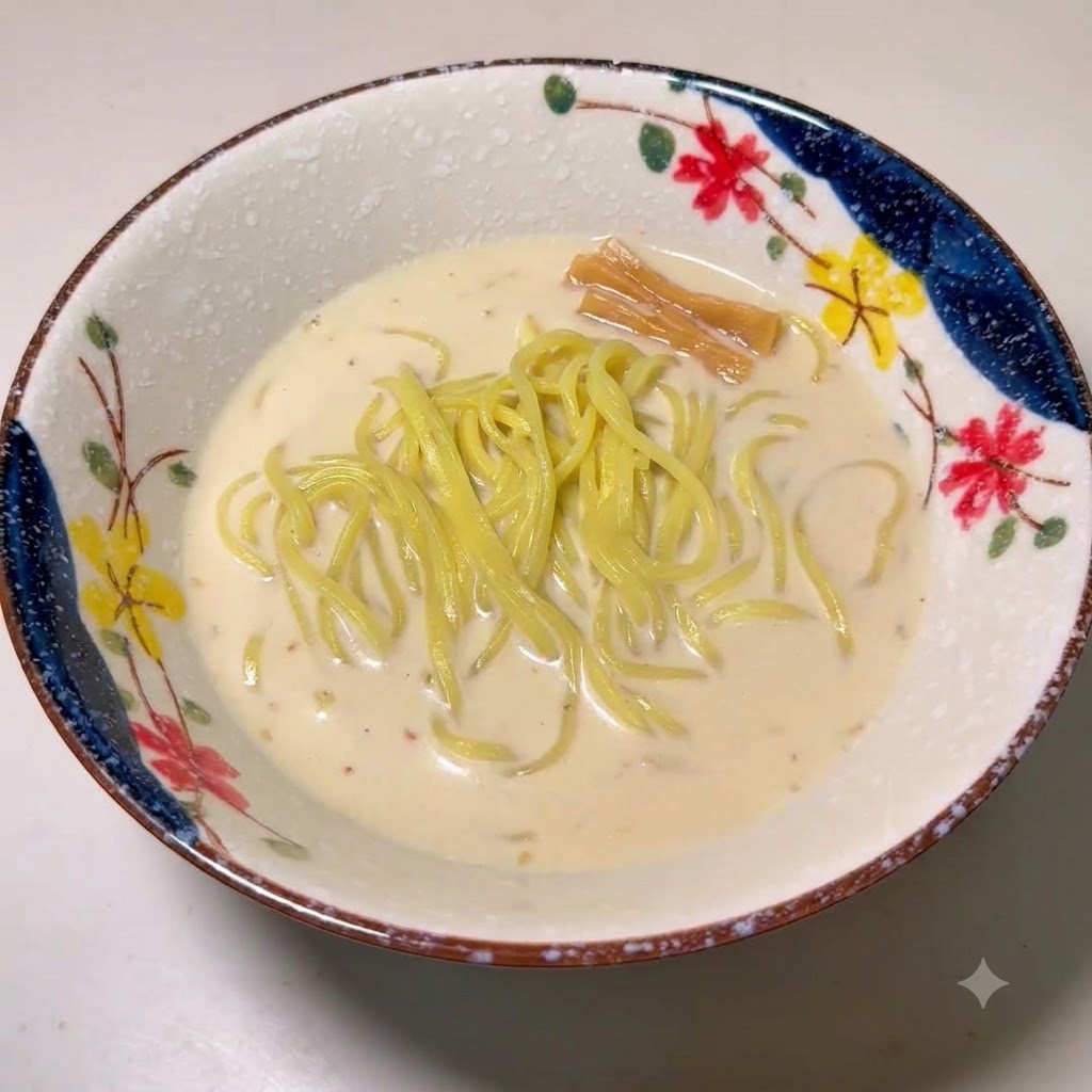 죽순으로 고명된, 육수에 담긴 라멘의 장식용 그릇.