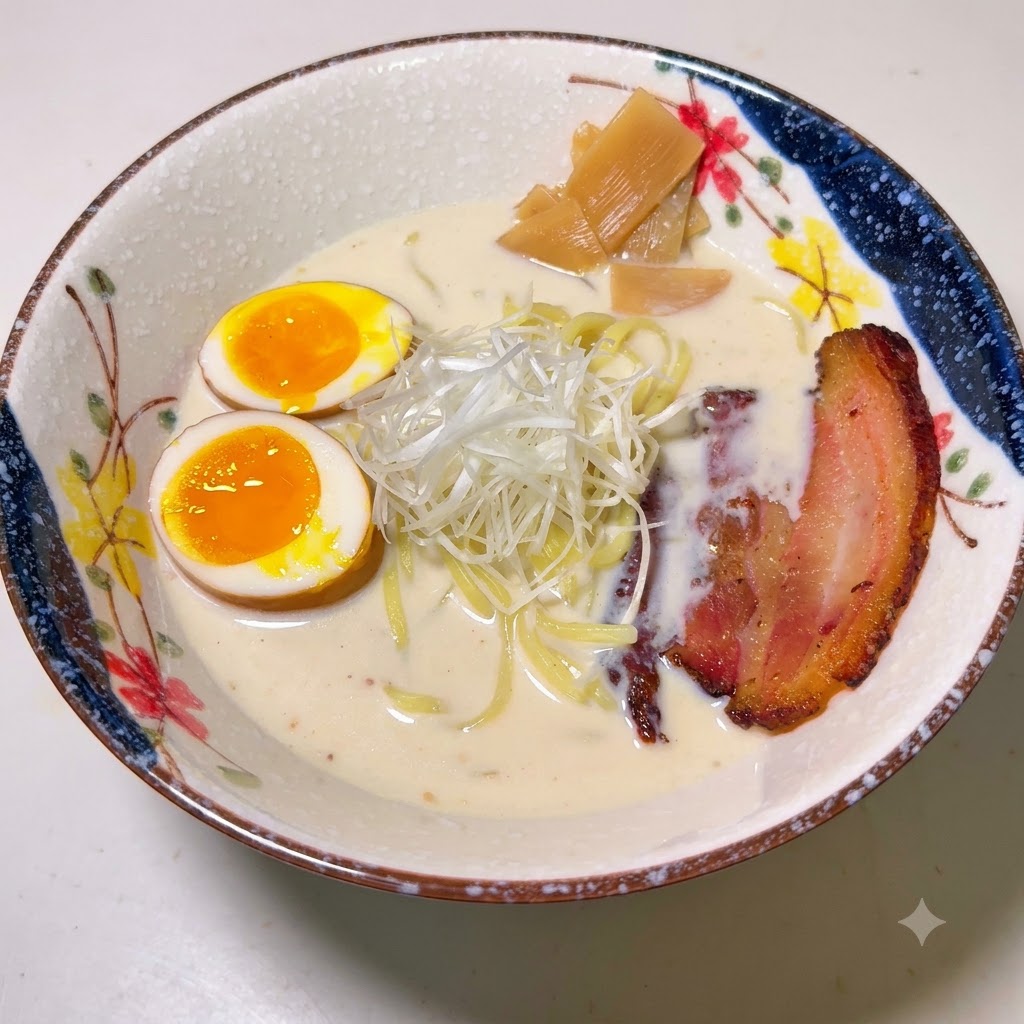 죽순, 반으로 자른 반숙란, 채썬 대파, 차슈 슬라이스가 토핑된 라멘 그릇.