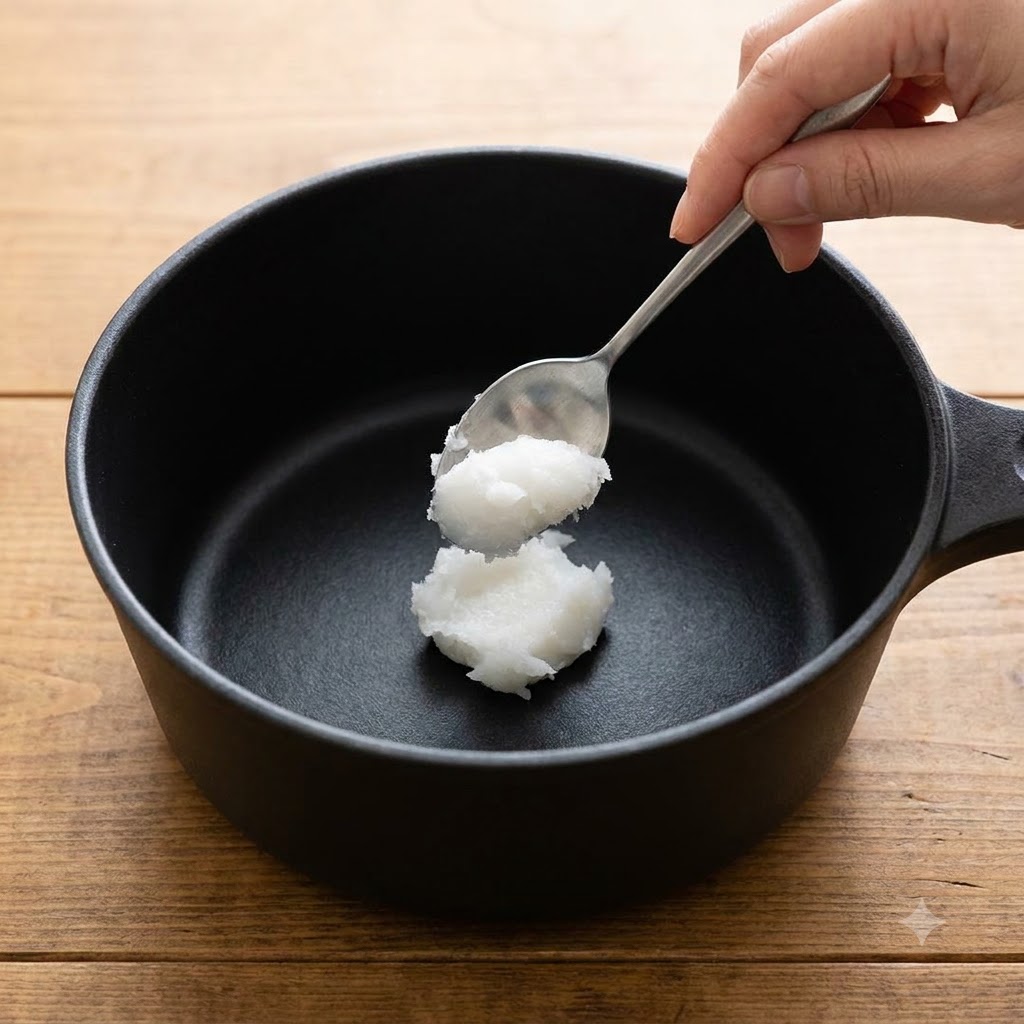 검은색 냄비에 한 스푼의 돼지 라드가 담기는 모습.