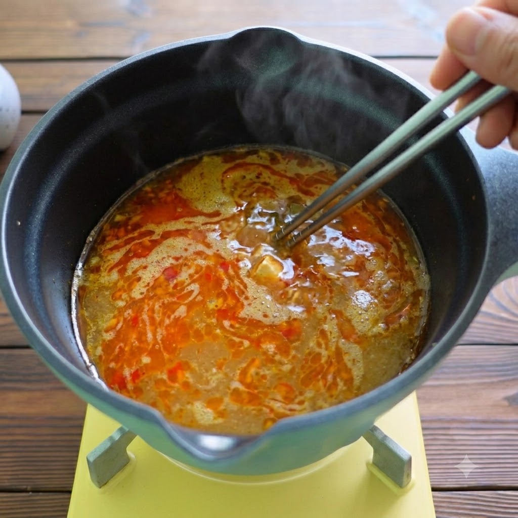 금속 젓가락을 이용해 뜨거운 육수에서 다시마를 들어 올리는 모습.