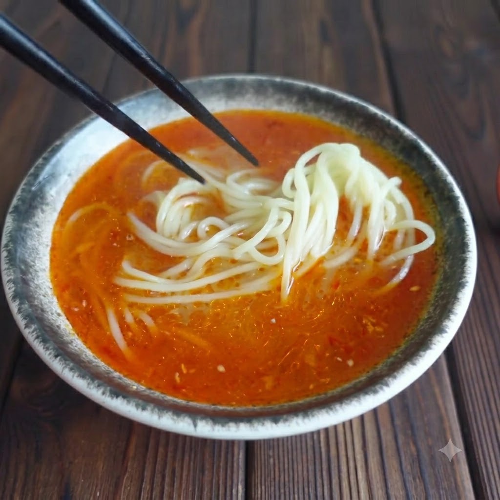 붉은 수프 베이스에 잠긴 면 위에 젓가락으로 고기 슬라이스를 올리는 모습.