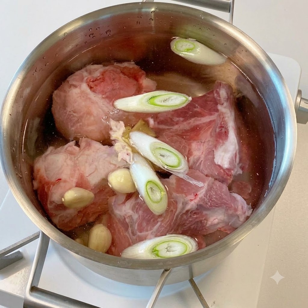 냄비의 물속에 생돼지 뼈 조각, 썬 대파, 마늘이 담겨 있는 모습.