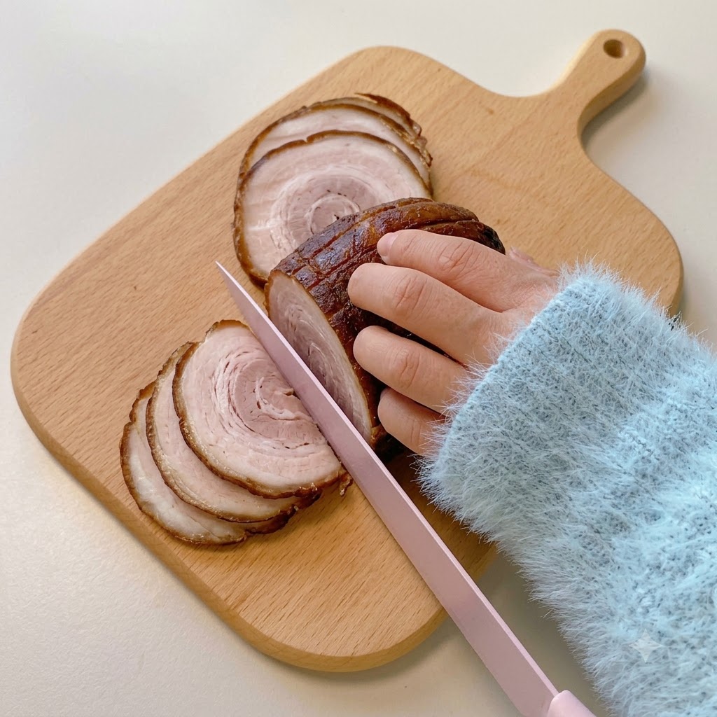 나무 도마 위에서 핑크빛 칼을 사용해 조리된 차슈 롤을 일정한 두께로 써는 모습.
