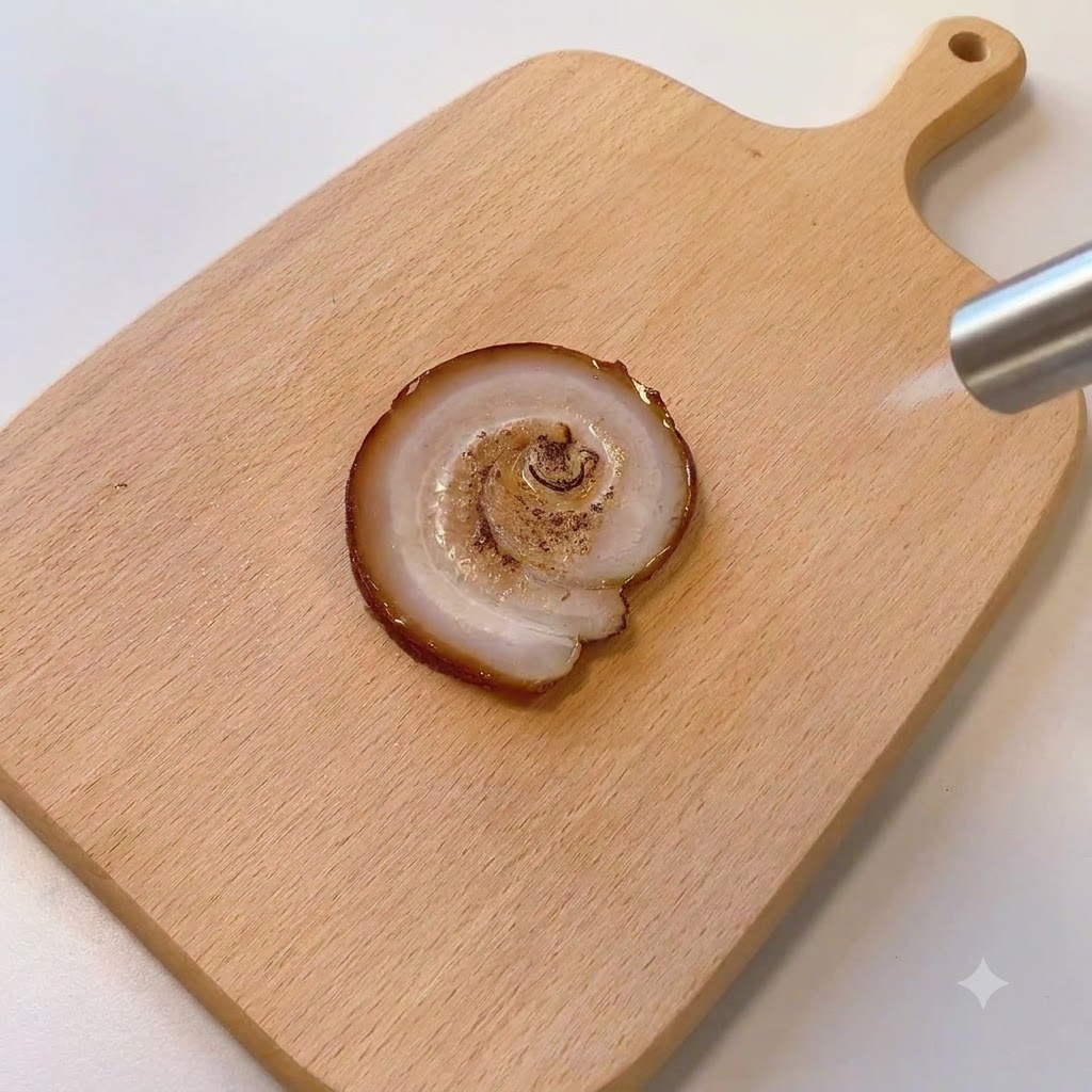 나무 도마에 놓인 단일 차슈 조각의 표면을 요리용 토치로 살짝 그을리는 모습.