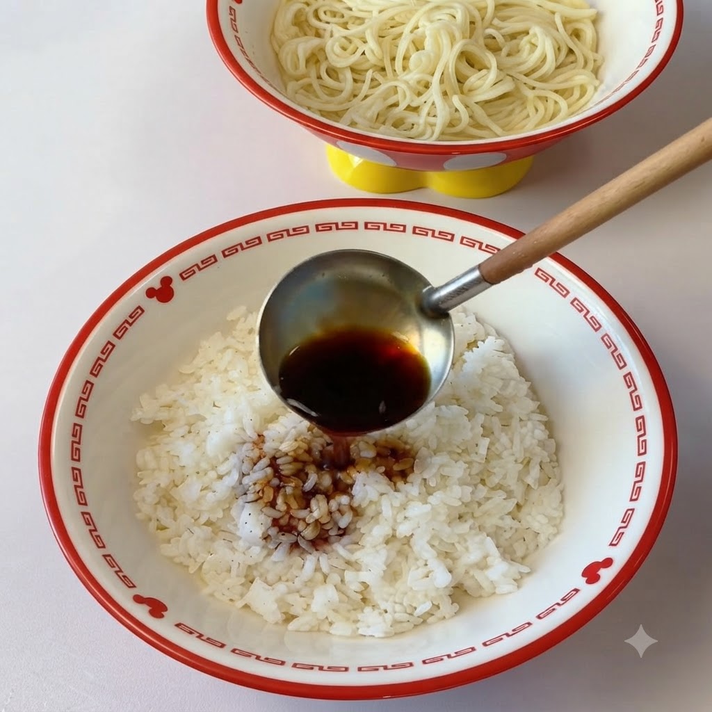 한국자 가득 담긴 진한 양념 소스와 육수를 흰 쌀밥 위에 붓는 모습.