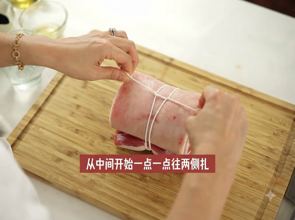 조리용 흰색 실로 단단하게 묶인 돼지고기 삼겹살 롤.