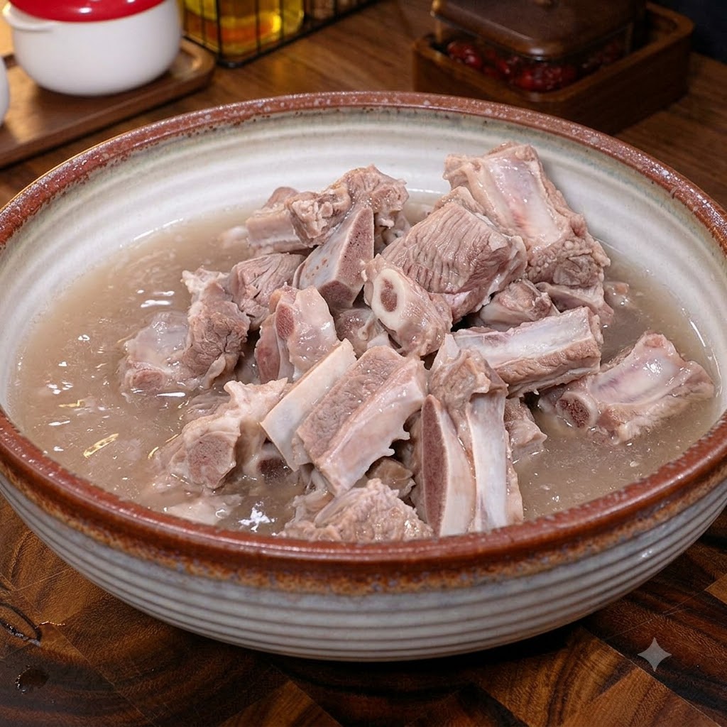 큰 도자기 볼에 담긴 물에 소고기를 담가 헹구는 모습.