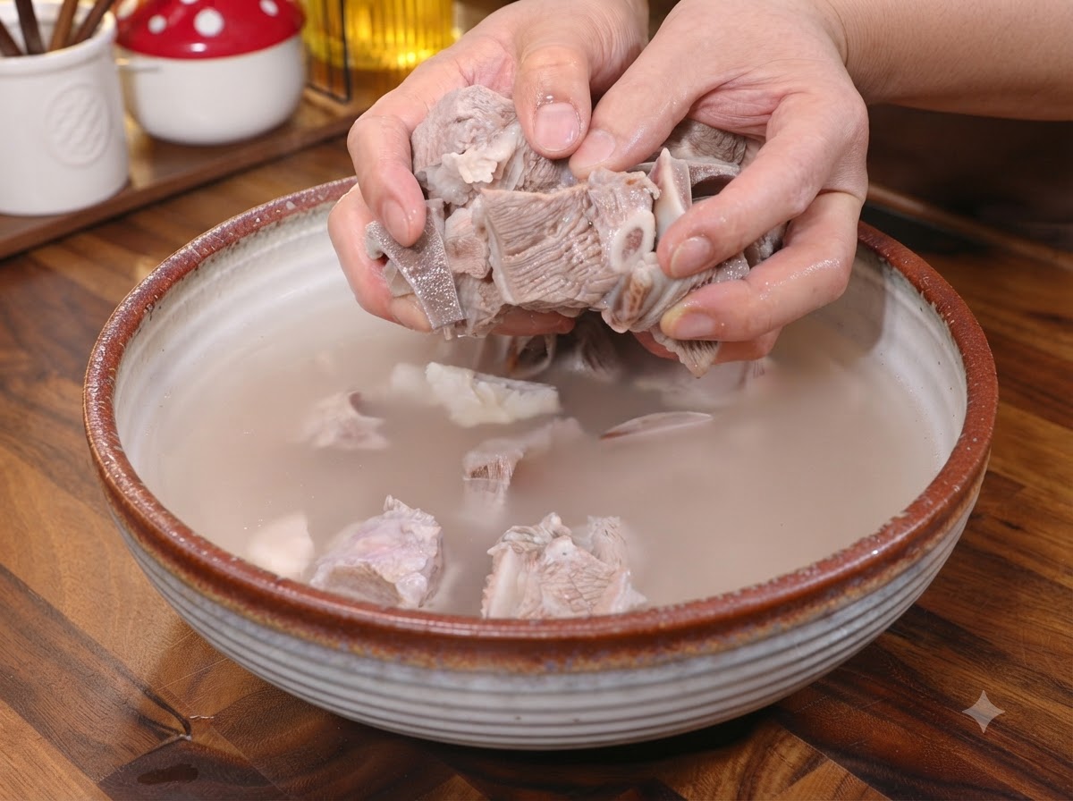 생강, 대파, 향신료가 담긴 팬에 데친 소고기를 넣는 모습.