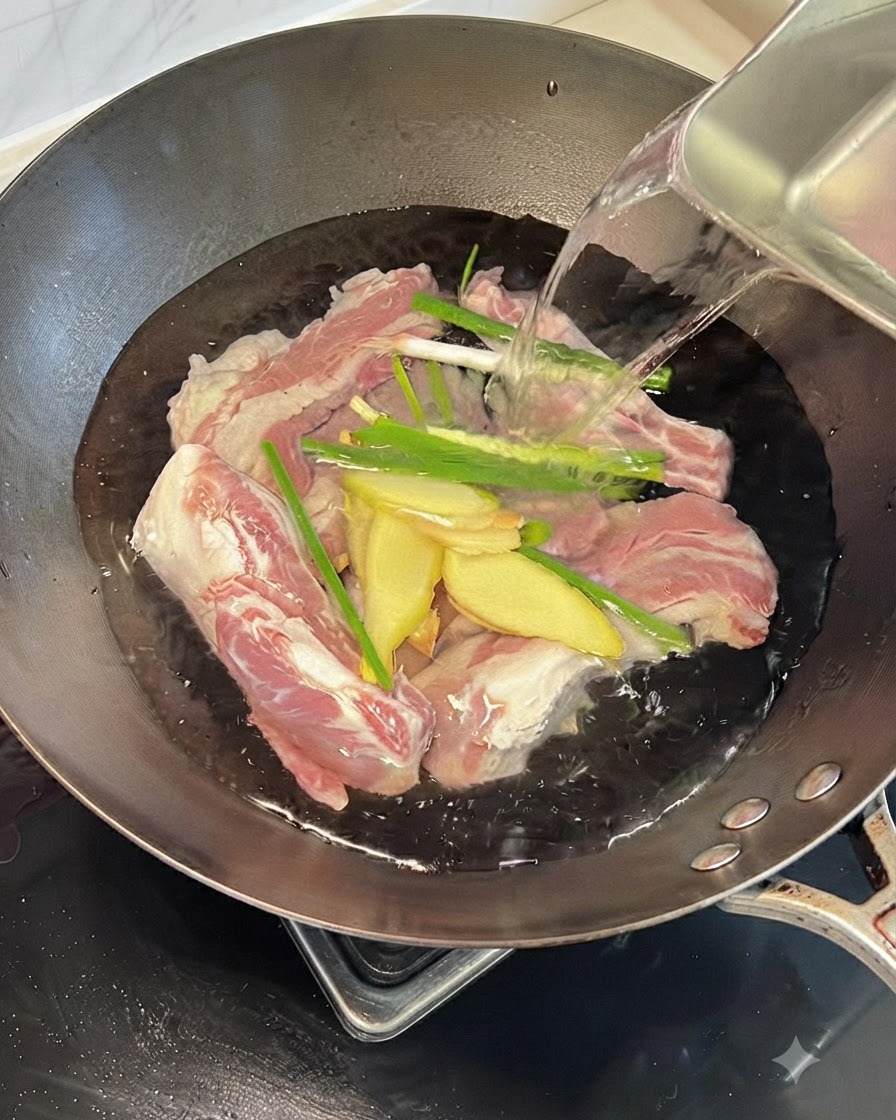 물, 생강 편, 대파가 담긴 웍 속의 생 소갈비.