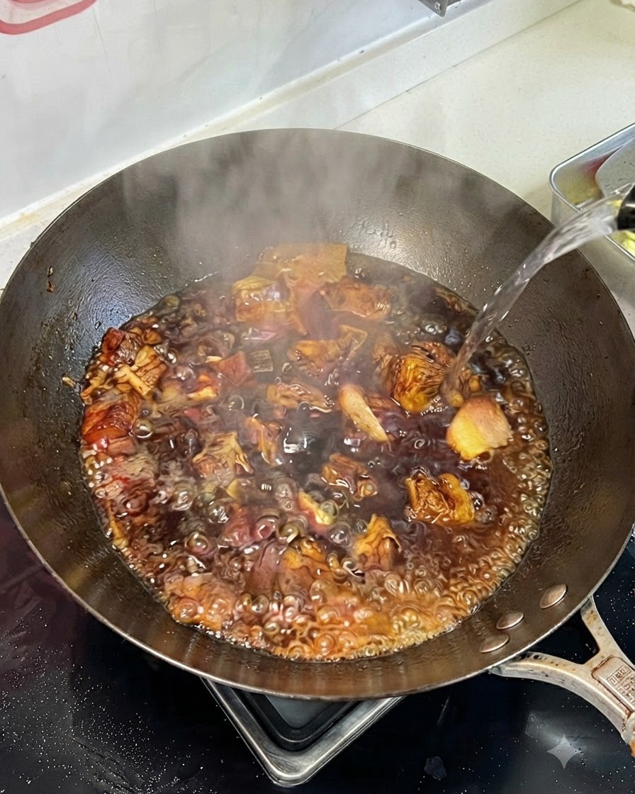 끓고 있는 갈비와 진한 브레이징 소스가 담긴 웍에 뜨거운 물을 붓는 모습.